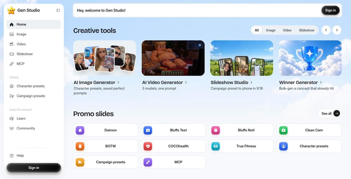 The Gen Studio home screen with creative tools, promo slide tools and models